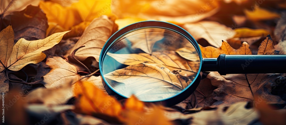 Poster Magnifier closely inspects colorful fall leaves on the ground, showcasing intricate details. with copy space image. Place for adding text or design