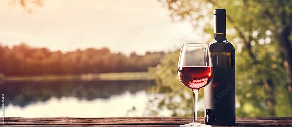 Poster red wine bottle and glass displayed on a wooden table, surrounded by a natural background. with copy