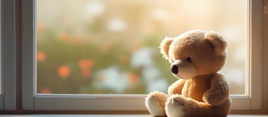 Teddy bear patiently sits by the window, gazing outside. with copy space image. Place for adding text or design
