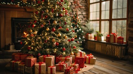 A beautifully decorated Christmas tree with presents underneath on Christmas Day