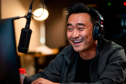 Happy asian man podcaster in headphones using microphone while broadcasting from studio