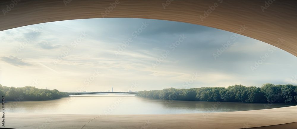 Fototapete Curved river overlook with a bridge spanning over it and lush trees in the background. with copy space image. Place for adding text or design