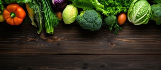 Assorted vegetables like cabbage and green onions arranged on an aged wooden background. with copy space image. Place for adding text or design