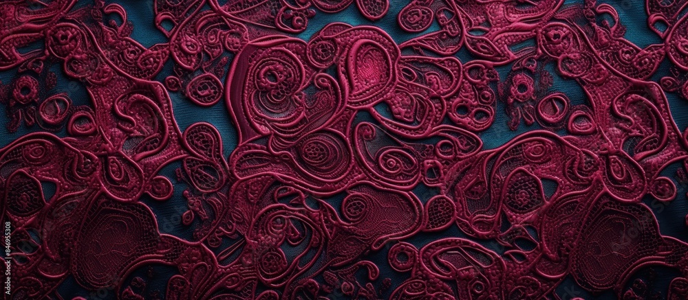 Aufkleber close-up of intricate red and black paisley pattern on a vibrant blue textile background. with copy 