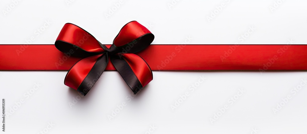 Poster Close-up shot of a red ribbon with a black bow, isolated on a white background. with copy space image. Place for adding text or design