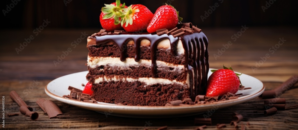Fototapete indulge in a slice of mouthwatering chocolate cake topped with juicy, sliced strawberries. with copy