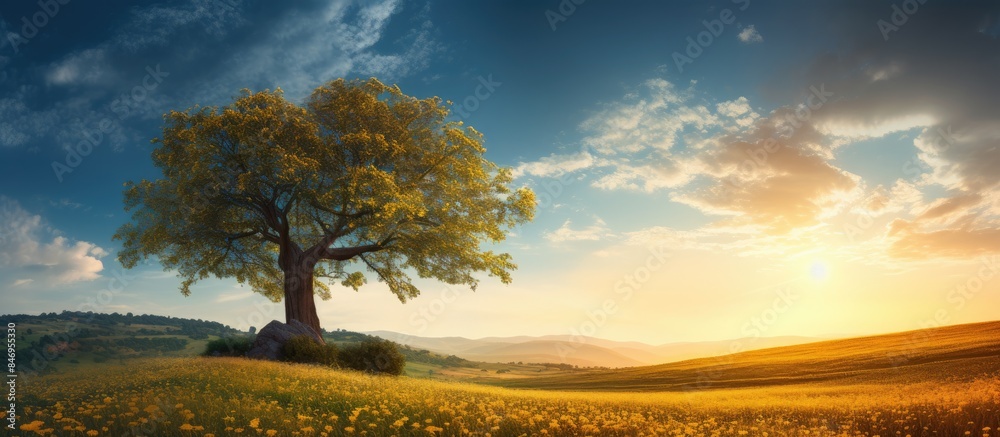 Aufkleber the lone tree, surrounded by vibrant yellow blossoms, stands tall in the field under the setting sun