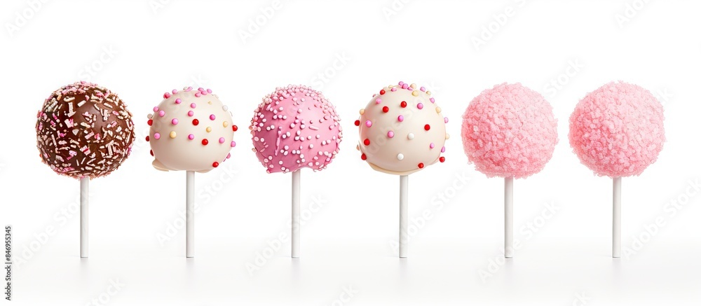 Fototapete Assorted cake pops in different colors displayed in a line, isolated on a white background. with copy space image. Place for adding text or design