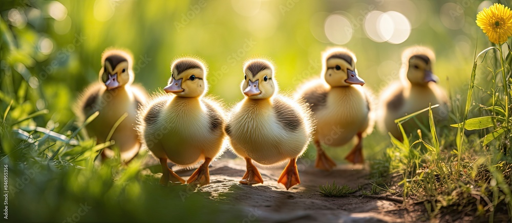 Aufkleber Young ducklings stroll in a row on a green grass path under the warm sun, showcasing their adorable charm. with copy space image. Place for adding text or design