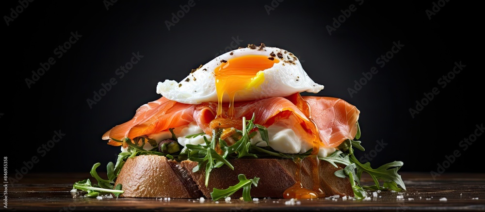 Leinwandbilder delicious sandwich filled with a perfectly poached egg and savory ham slices. with copy space image.