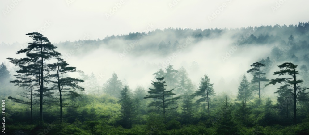 Poster Majestic forest landscape enveloped in thick white fog, showcasing trees in the foreground and a serene atmosphere. with copy space image. Place for adding text or design
