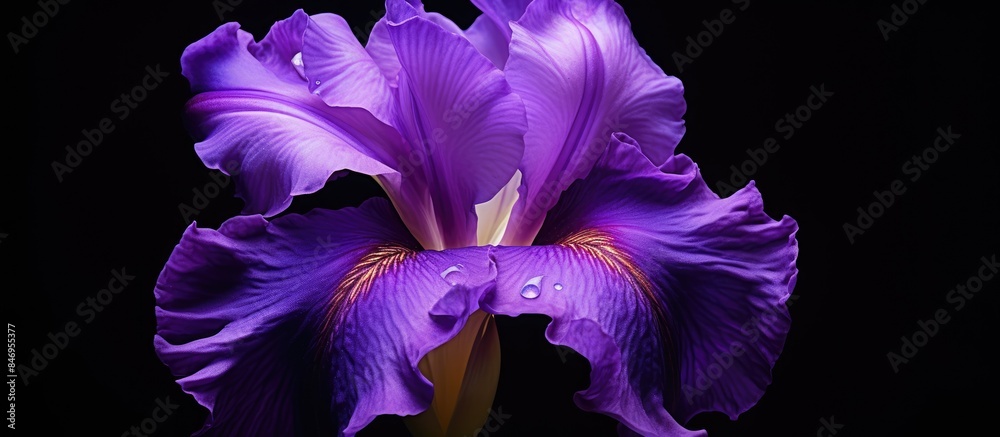Poster Vivid purple flower displaying water droplets on petals, set against a black background. with copy space image. Place for adding text or design