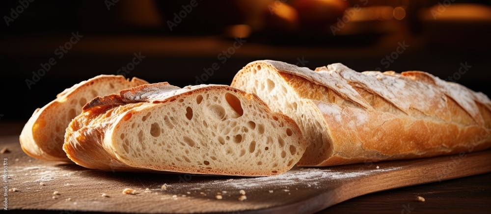 Poster a loaf of bread displayed on a wooden cutting board with a knife ready to slice. close-up shot with 