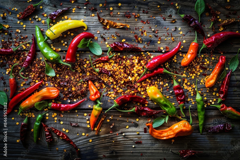 Poster a vibrant mix of fresh and dried chili peppers in various colors and shapes scattered on a rustic wo