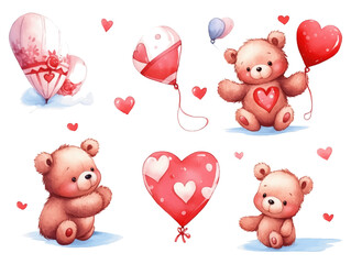 Set of teddy bears and balloon, party, Gifts, cute baby teddy bear. Draw vector illustration collection funny bear with pink heart for valentine's day. Watercolor style