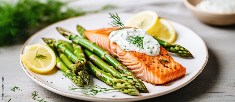 Aufkleber plate with roasted salmon, boiled asparagus, lemon, and dill yogurt sauce on white wooden table. wit