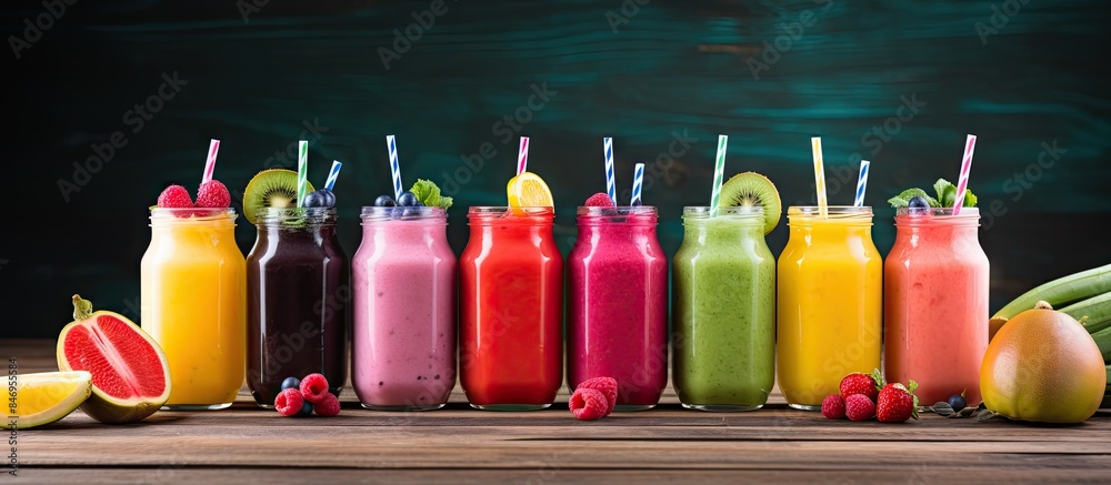 Fototapete assortment of colorful fruit and vegetable smoothies lined up on a wooden table. with copy space ima