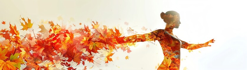 A dancers silhouette filled with colorful autumn leaves, double exposure, no logo
