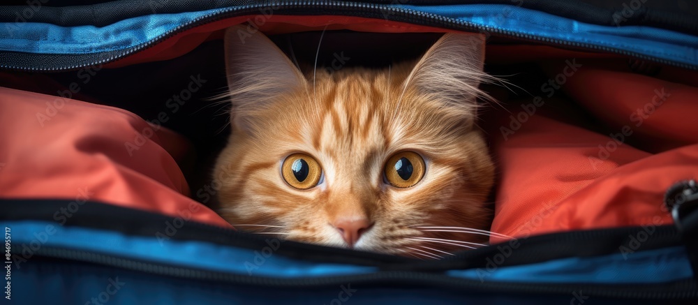 Poster Red feline hiding inside a carrying case, snugly settled for travel or rest. with copy space image. Place for adding text or design
