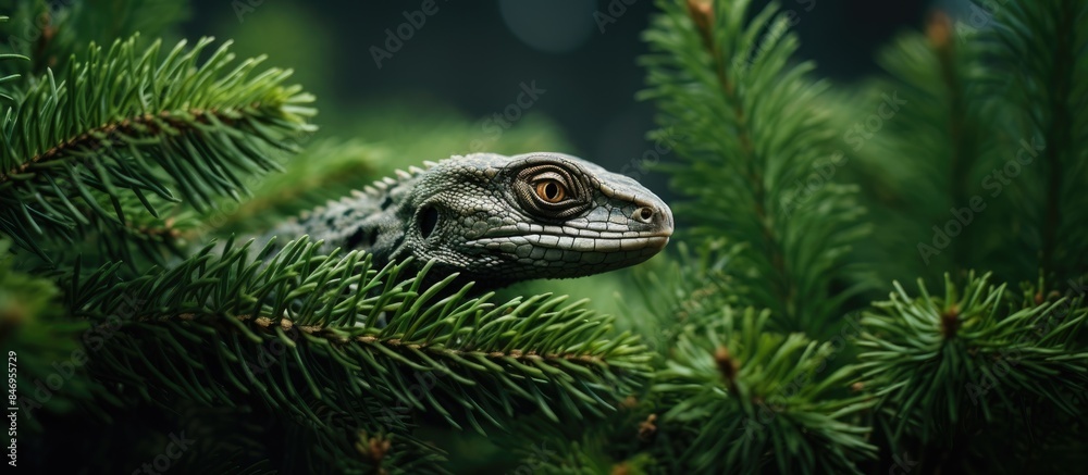 Fototapete Small lizard observed on spruce tree branches in a dim forest setting capturing shallow focus. with copy space image. Place for adding text or design