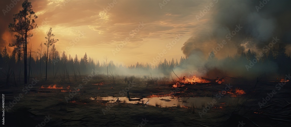Poster A rugged truck featuring a large tire is traversing a dusty path alongside a burning fire in the distance. with copy space image. Place for adding text or design