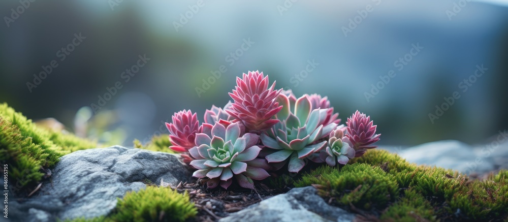 Aufkleber Tiny plant emerging from a solid rock surface, showcasing nature's resilience and growth. with copy space image. Place for adding text or design
