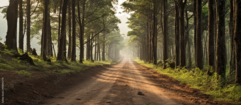 Aufkleber Truck navigating through dense trees on a rugged dirt road in the forest. with copy space image. Place for adding text or design