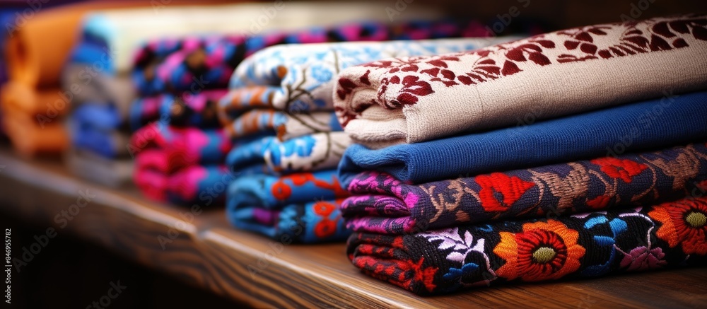 Poster assorted ukrainian folk woven towels laid out on a colorful shelf. with copy space image. place for 
