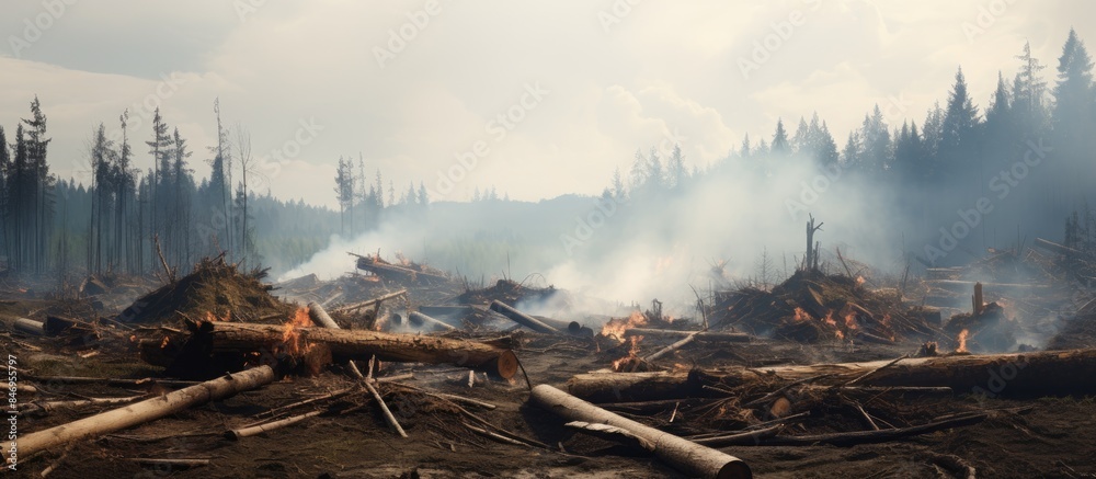 Poster A rugged vehicle with a large wheel navigating close to raging fire on unpaved road. with copy space image. Place for adding text or design