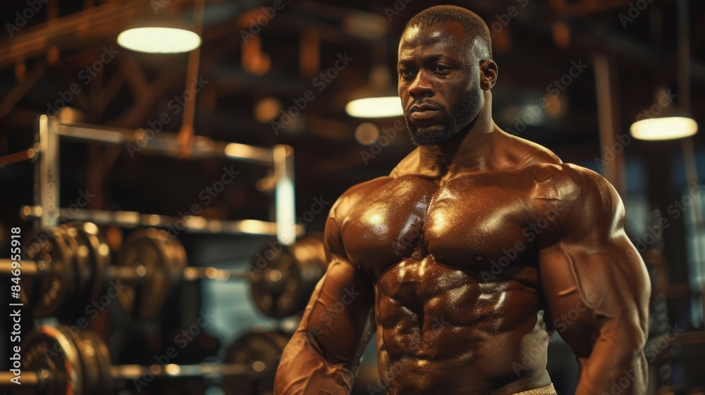 Poster A muscular man poses in a gym, showcasing his physique.