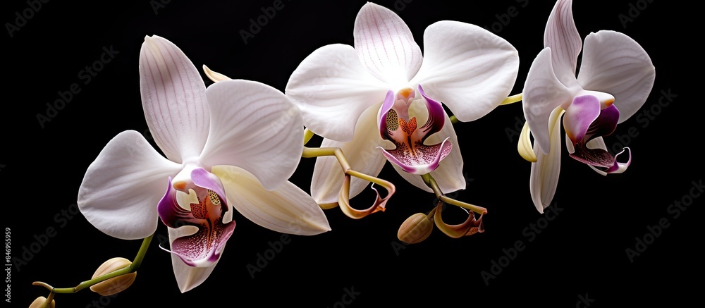 Leinwandbilder three elegant white orchids featuring pink centers stand out against a sleek black background, isola