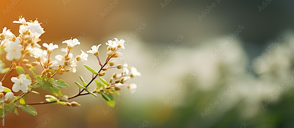 Aufkleber Small white flower blooms on a branch in a macro view, showcasing delicate details of the tiny blossoms. with copy space image. Place for adding text or design