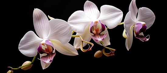 Three elegant white orchids featuring pink centers stand out against a sleek black background, isolated and delicate. with copy space image. Place for adding text or design