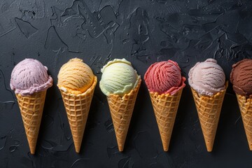 ice cream cones with different flavors on black textured background with copy space top and center