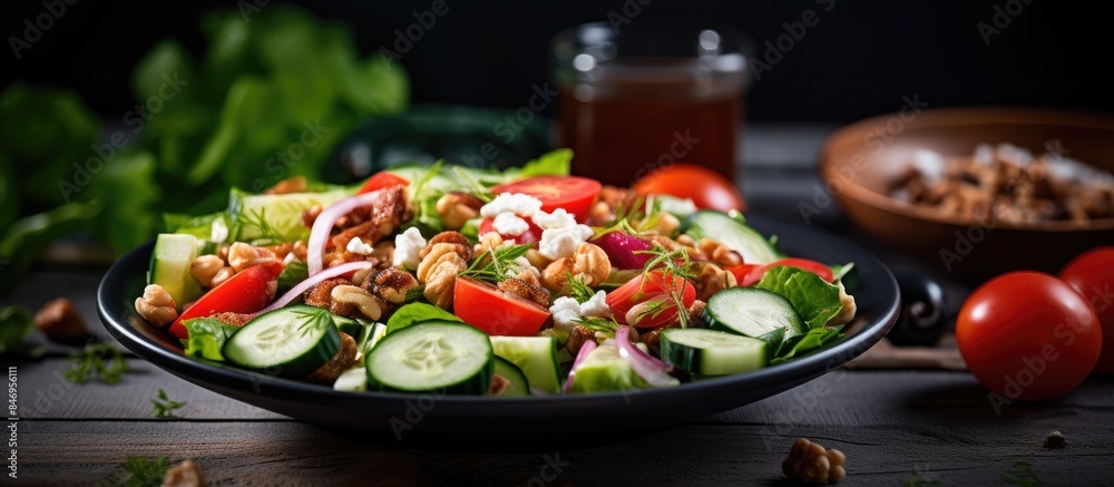 Aufkleber Vibrant Mediterranean salad showcasing a colorful mix of fresh tomatoes, olives, cucumbers, lettuce, and nuts. with copy space image. Place for adding text or design