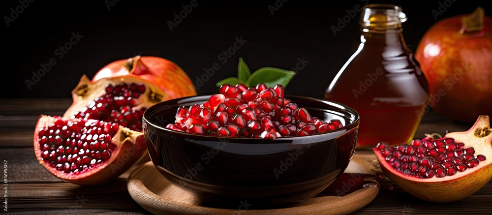 Leinwandbilder pomegranate molasses in a small dish with sweet and sour syrup, accompanied by pomegranate fruit and