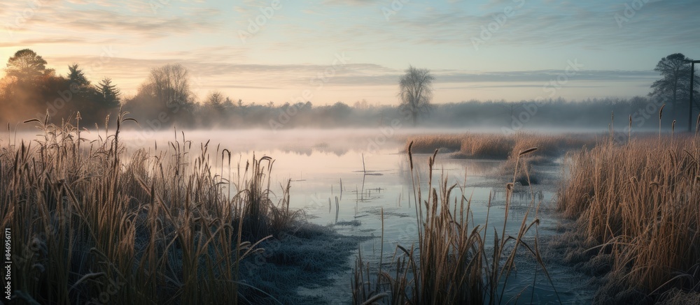 Poster Misty sky hangs over a lake with reeds in the foreground during early morning frost in the fall. with copy space image. Place for adding text or design