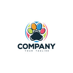 Creative logo design depicting a coloful animal paw print. 