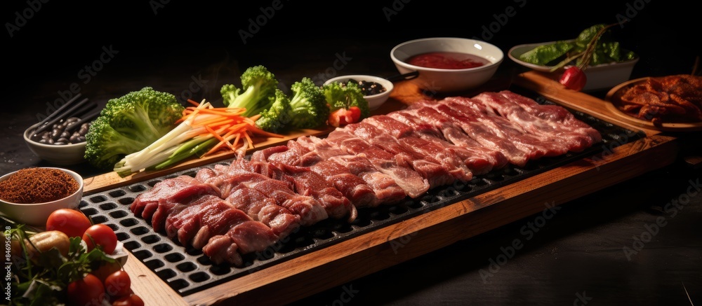 Fototapete Close-up view of a grill filled with delicious meat and veggies being cooked. with copy space image. Place for adding text or design