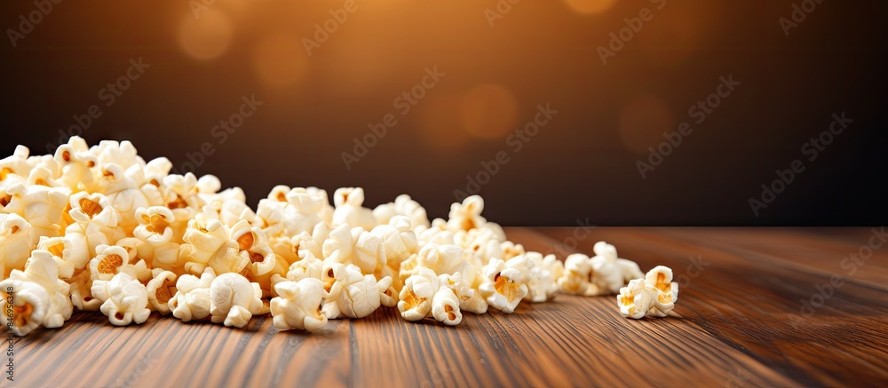 Poster Wooden table serves as a backdrop to scattered popcorn kernels, creating a rustic setting. with copy space image. Place for adding text or design