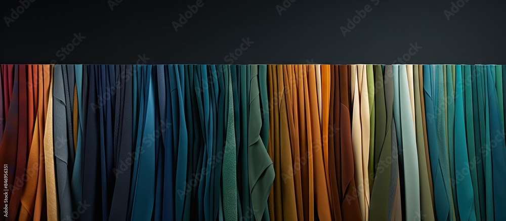 Poster Rows of vibrant fabric pieces are neatly folded and displayed horizontally. with copy space image. Place for adding text or design