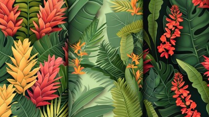 Spring Floral and Foliage Patterns of Vriesea and Bromeliad Guzmania and Mimosa for Wallpaper Fabric and Home Decor