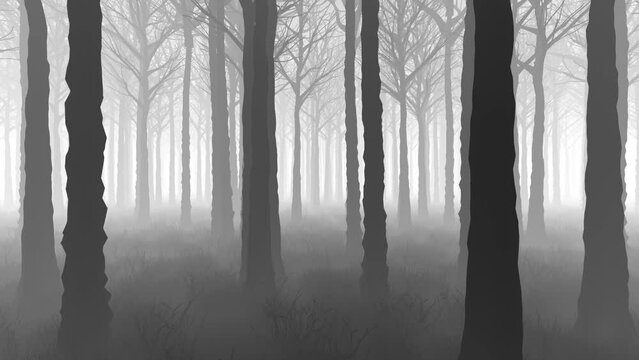 3D Animation - Black and white misty forest with forward camera movement in loop