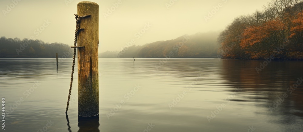 Poster wooden mooring post seen on the riverbank during a misty, foggy day, providing anchorage for boats. 