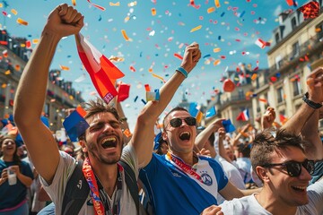 A jubilant football fan cheers passionately, surrounded by others waving flags, showcasing intense excitement and national pride.