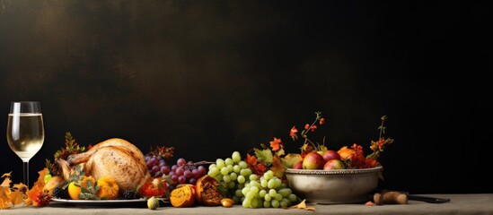 Close-up view of a table set with a plate of food and a glass of wine for a Thanksgiving celebration and dinner. with copy space image. Place for adding text or design