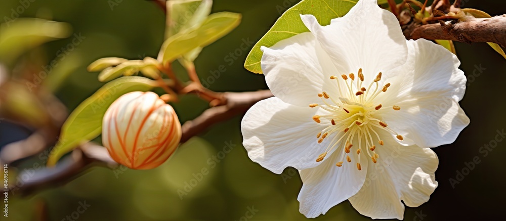 Poster Blooming white flower stands out with a noticeable red stripe marking its petals. with copy space image. Place for adding text or design
