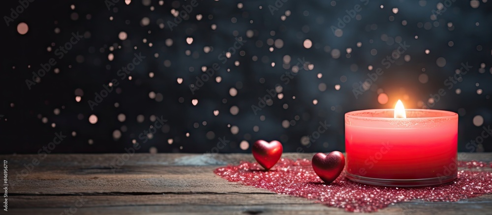 Poster A close-up view of a candle adorned with heart patterns placed on a tabletop for Valentine's Day ambiance. with copy space image. Place for adding text or design