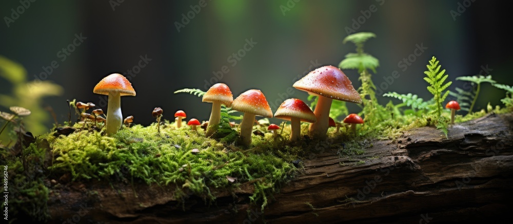 Fototapete mushrooms and green moss growing on a fallen log surrounded by lush ferns in a forest setting. with 