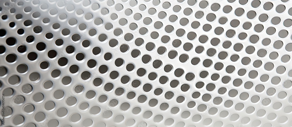 Poster Close-up of white painted metal with perforations and small holes, creating a textured surface. with copy space image. Place for adding text or design